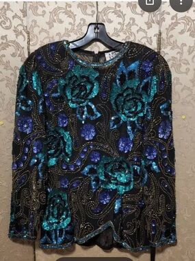 Niteline Black Top with Teal and Royal Blue Sequin Floral Design